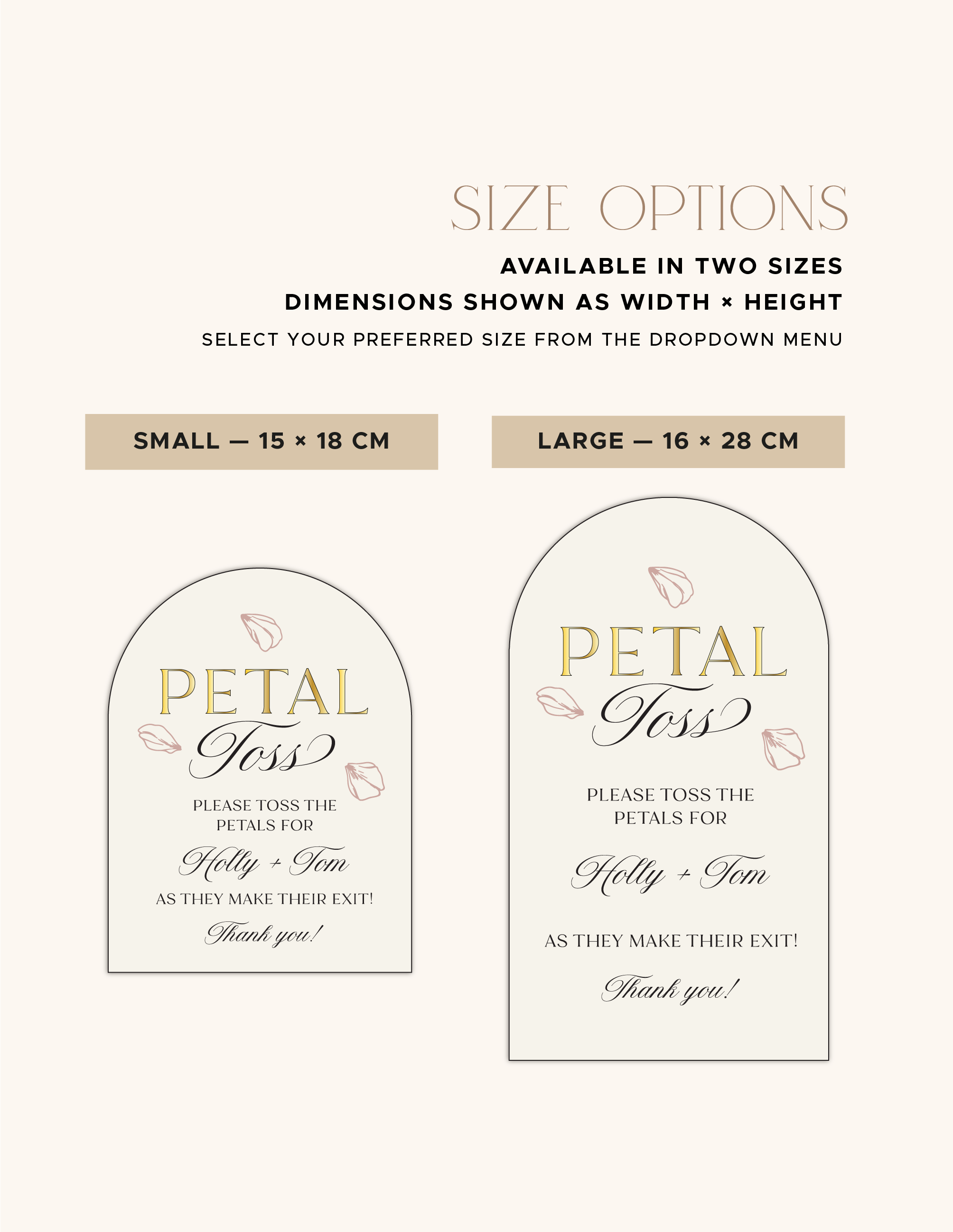 Small and Large acrylic Petal Toss wedding sign size comparison