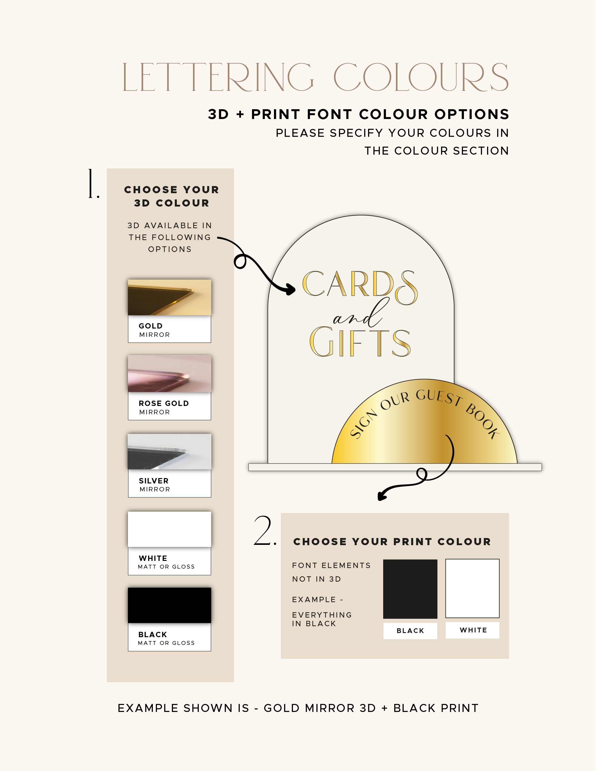 Gold, rose gold, silver, white and black 3D lettering options with black or white printed wording