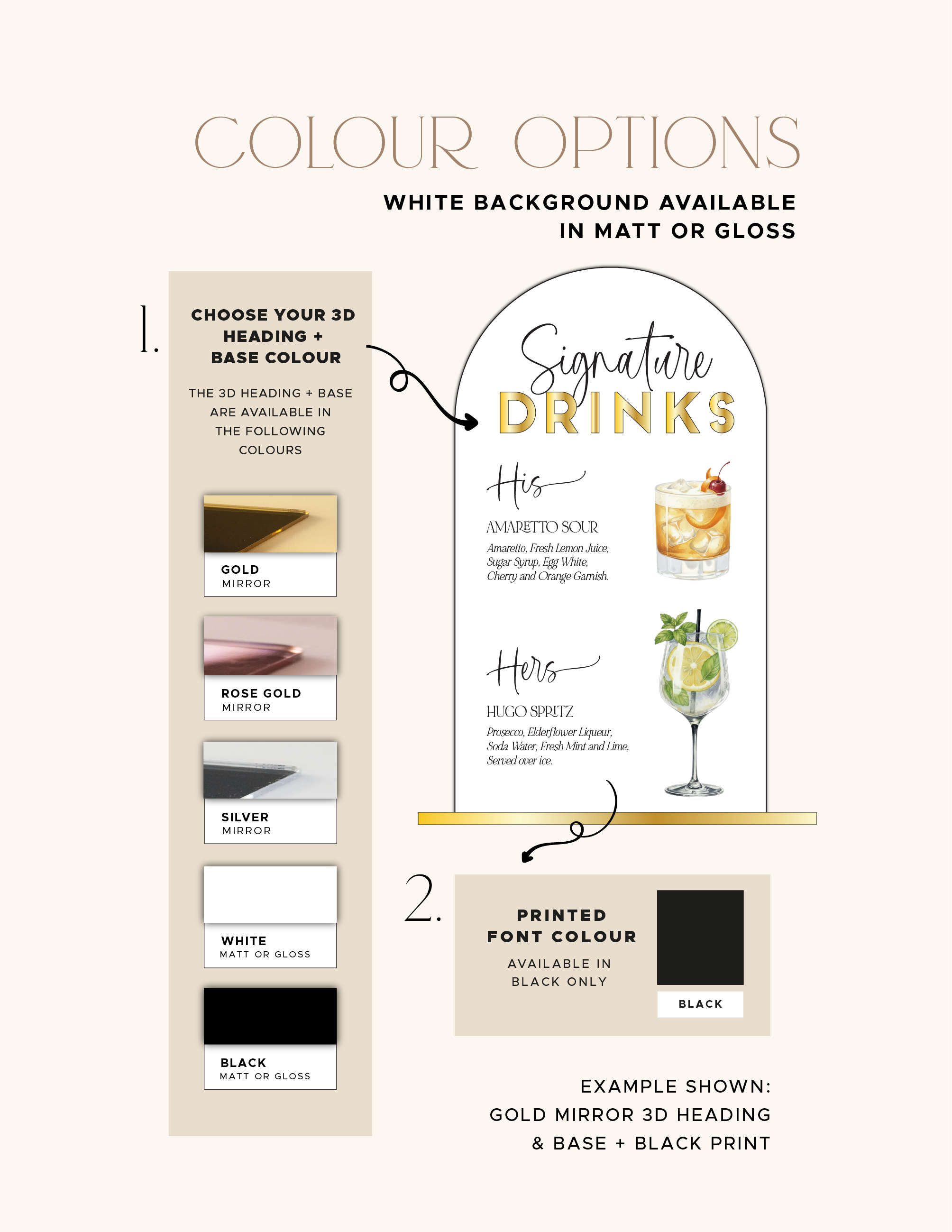 Background and lettering colour choices for the personalised Signature Drinks Sign