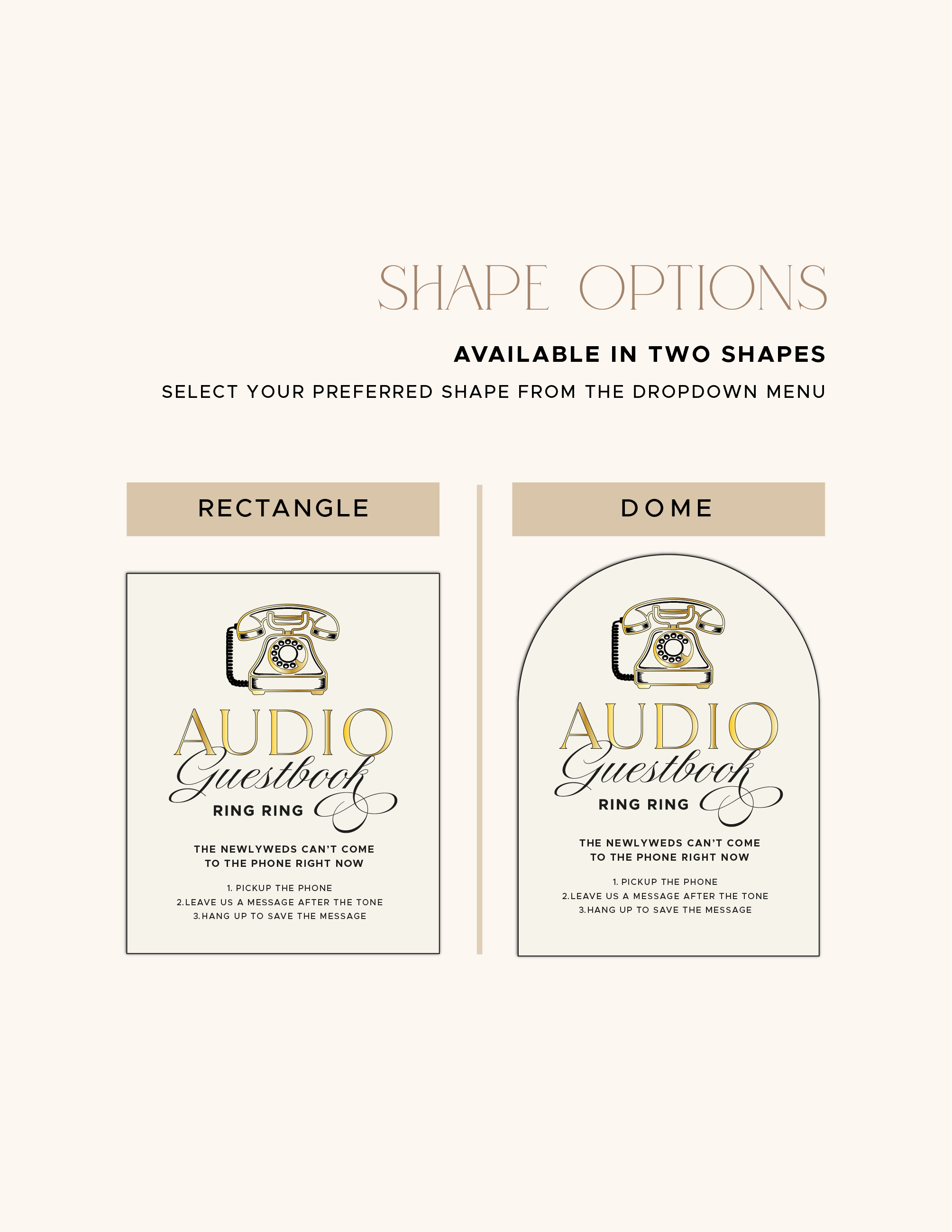 Rectangle and dome shape options for the acrylic audio guestbook sign