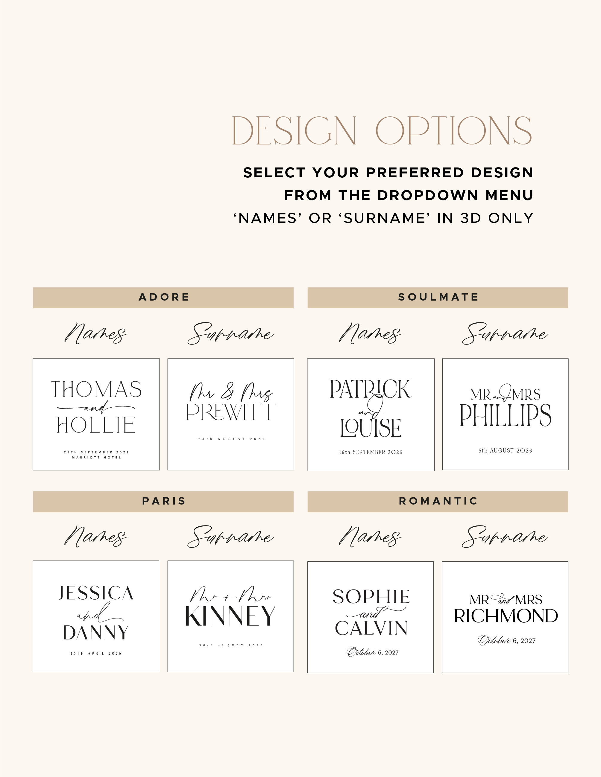 Adore, Soulmate, Paris and Romantic wedding guestbook designs with names or surname lettering