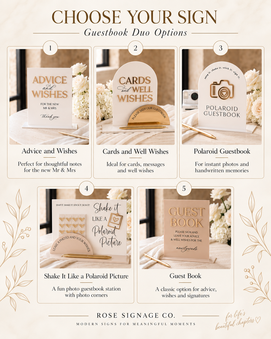 Five matching wedding guestbook sign options including Advice and Wishes, Cards and Well Wishes and Polaroid Guestbook