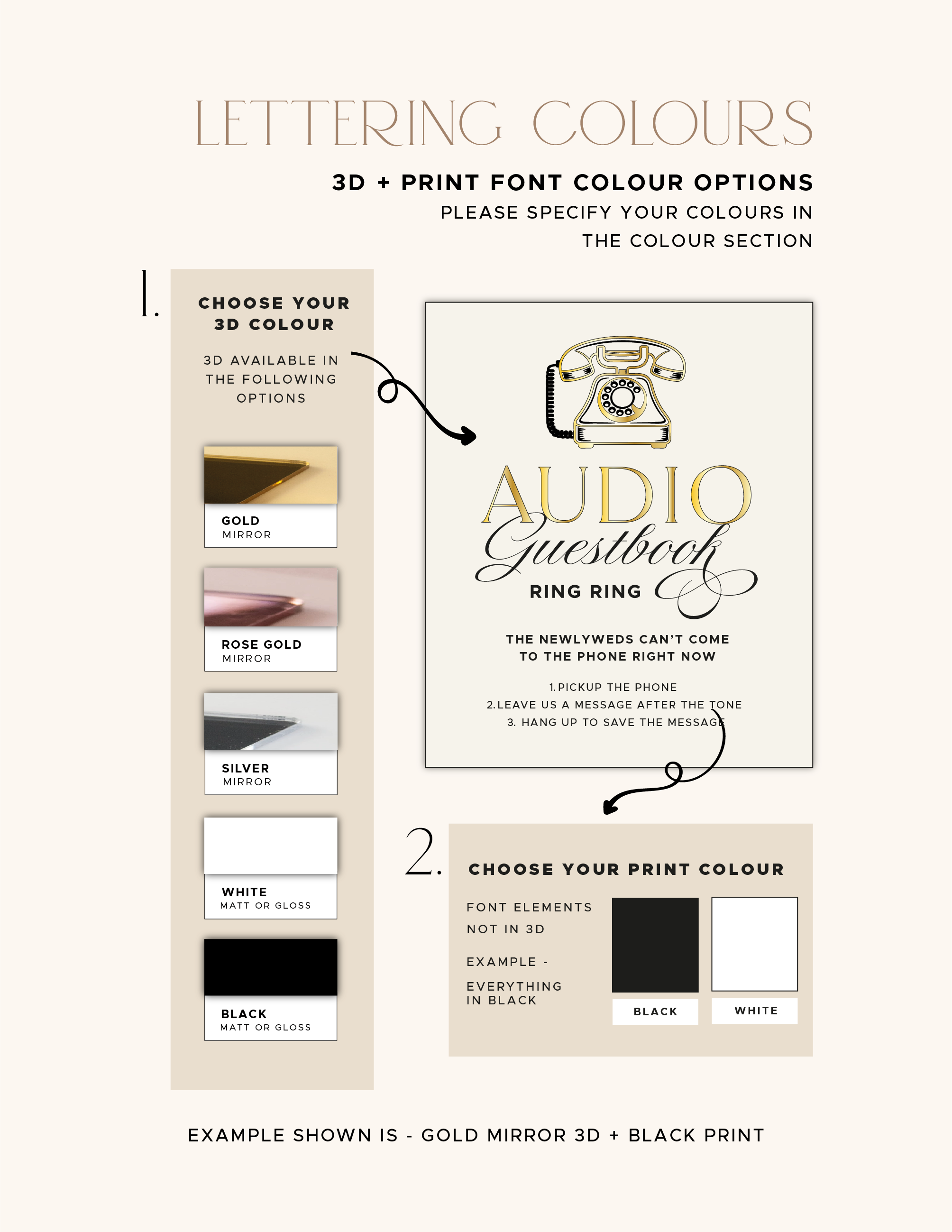 Gold, rose-gold, silver, white and black raised details with black or white printed lettering options