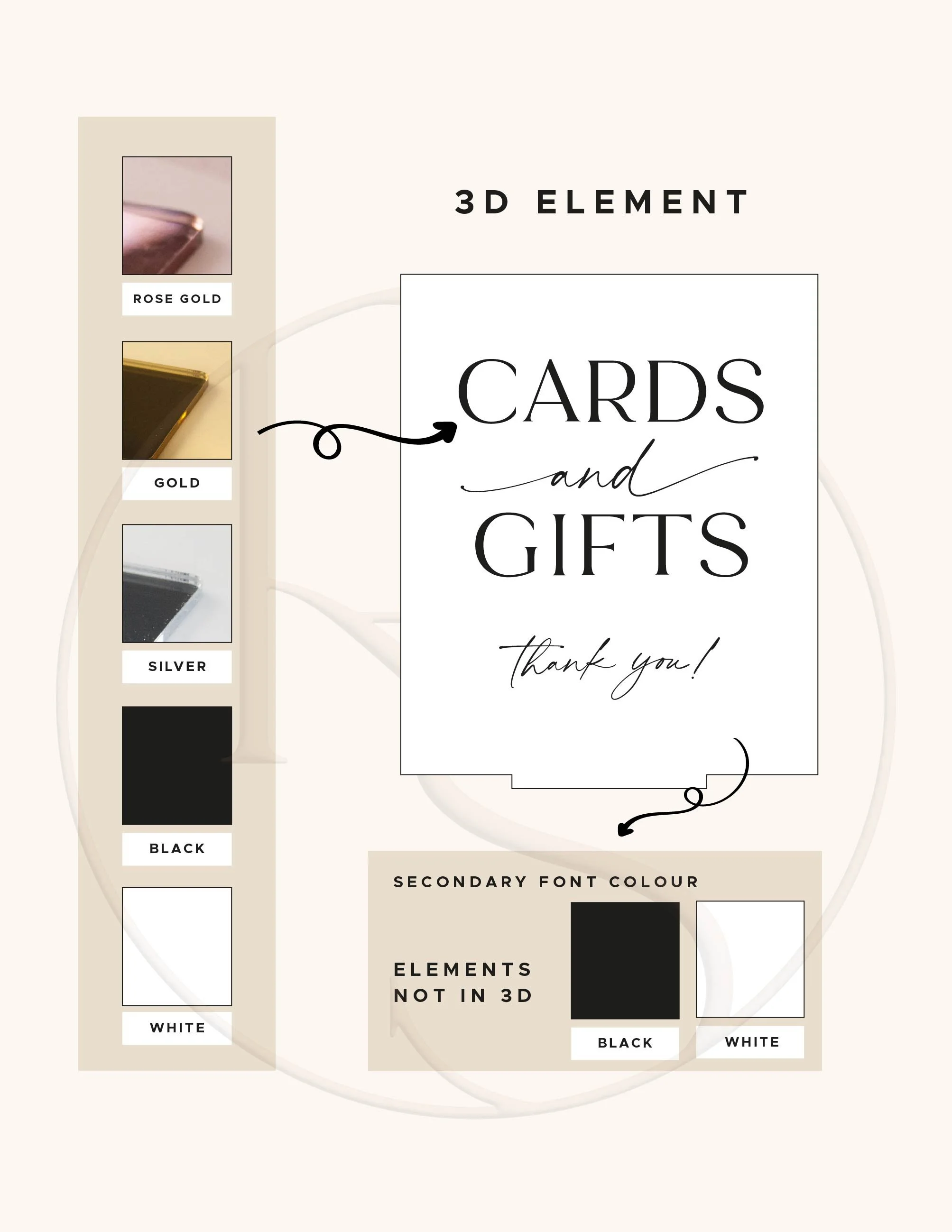 Raised 3D lettering and black or white printed wording options for the Cards and Gifts wedding sign
