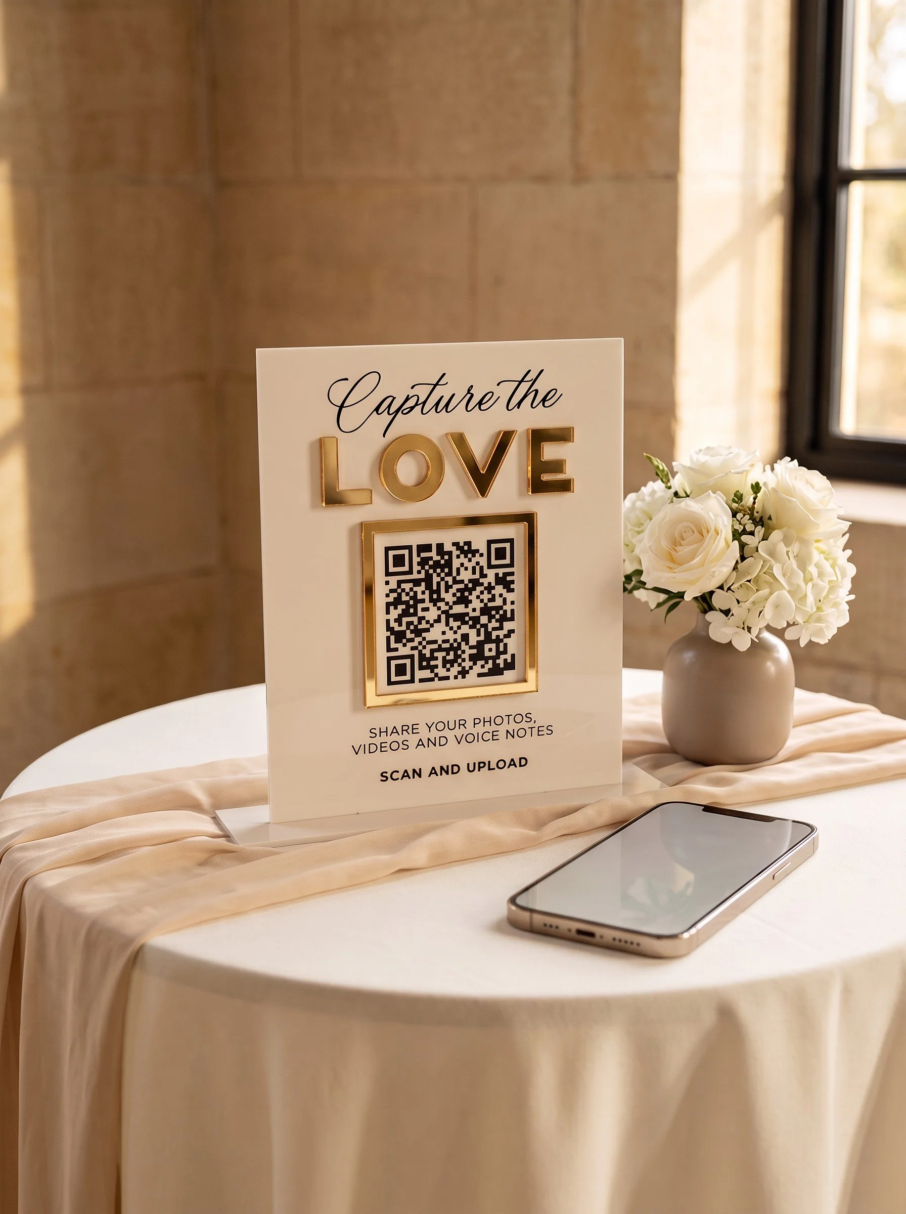 Capture the Love wedding QR sign for guests to scan and upload photographs.