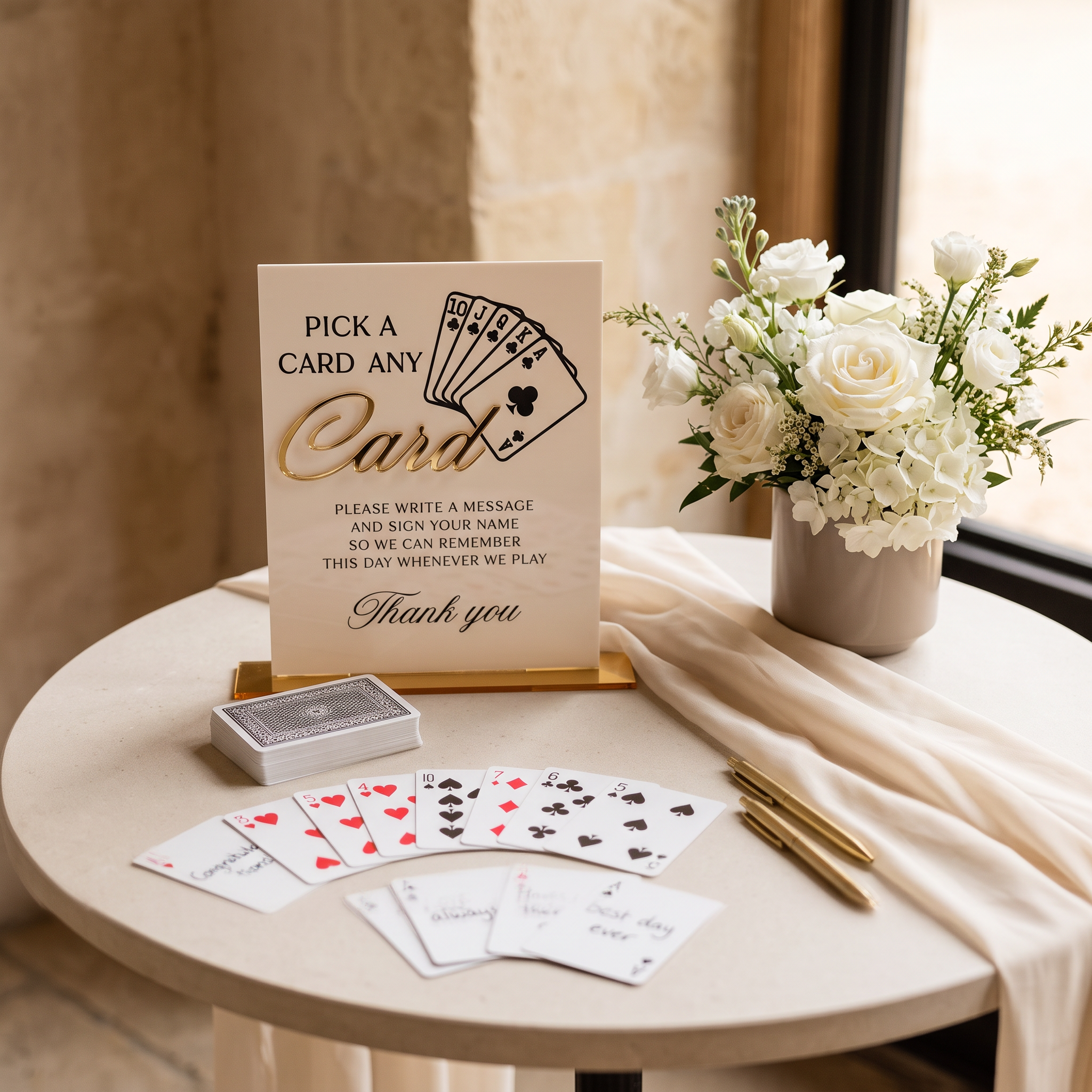 Neutral acrylic Pick a Card and Leave a Note sign displayed with playing cards on a wedding table