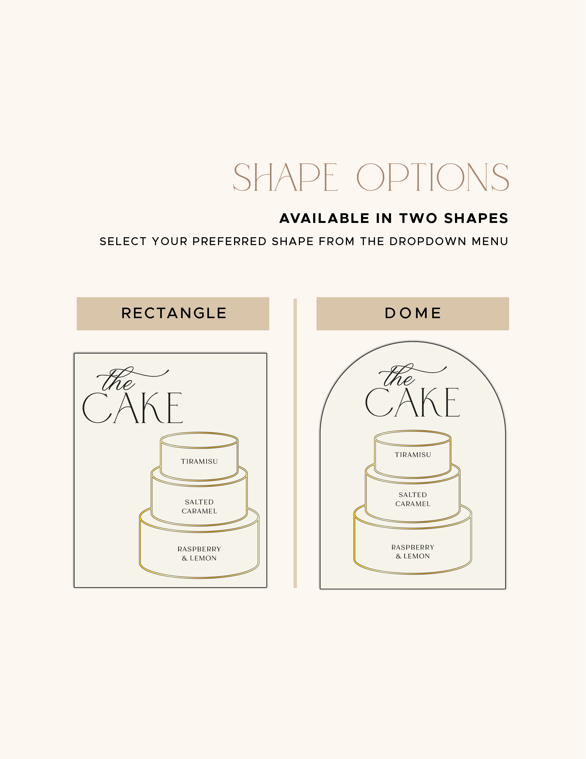 Cake outline design options for the personalised acrylic cake flavour sign.
