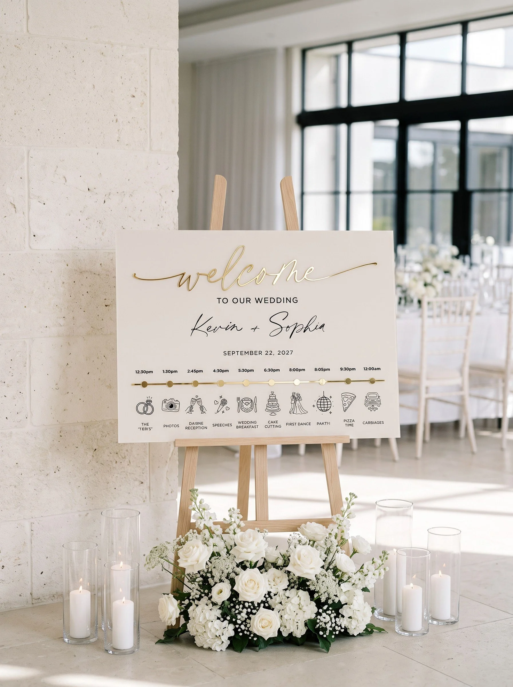Personalised acrylic wedding welcome and Order of the Day sign with raised 3D lettering and a printed timeline.