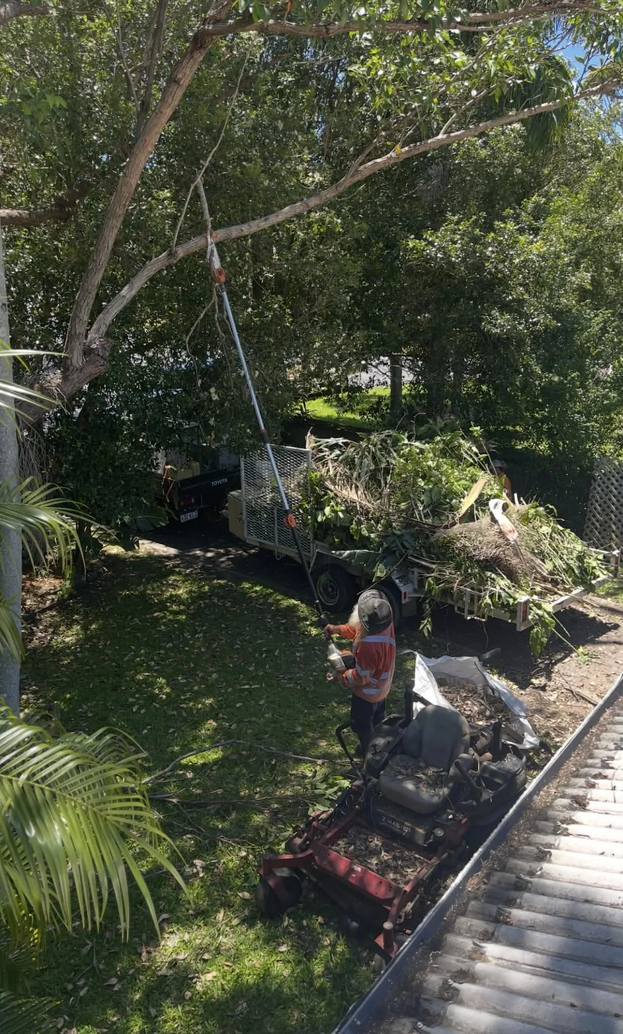 Lawn maintenance worker cutting a fallen tree limb on the ground with a chainsaw, near a trailer filled with branches and debris, in a residential yard filled with trees and plants.
