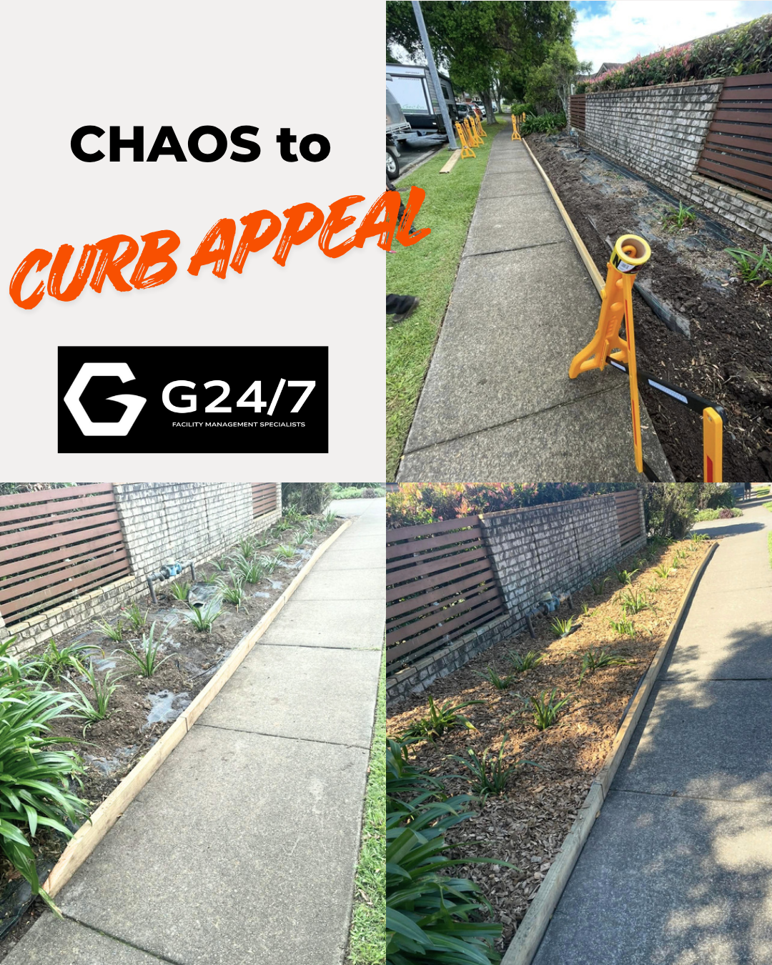 A side-by-side collage showing yard renovation work. The top right image shows a sidewalk with a soil-filled flower bed on the right bordered by a brick wall, with construction barriers nearby. The bottom left and right images show the same flower be
