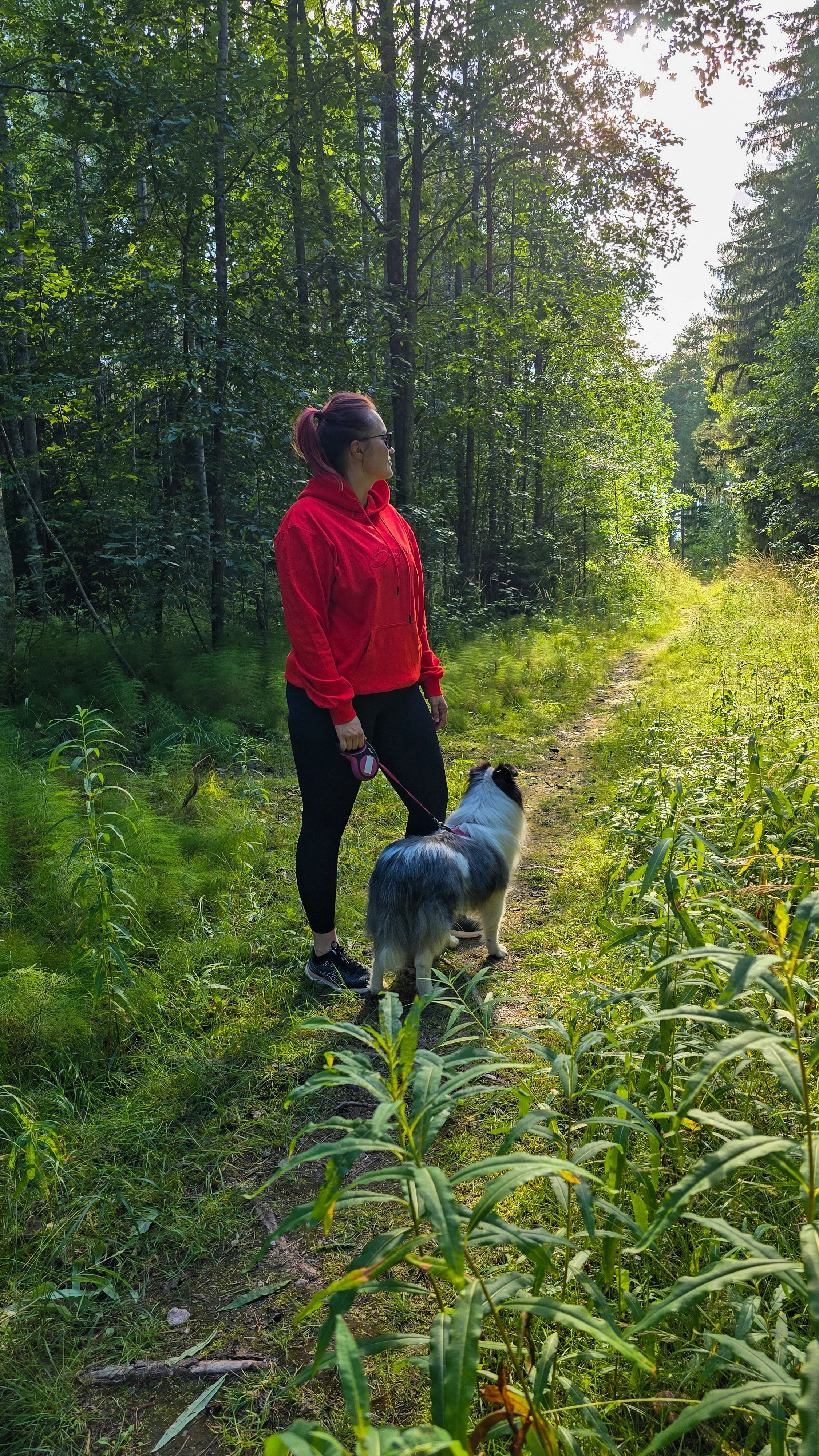 Nainen punaisessa hupparissa ja mustissa housuissa kävelyllä metsässä koiran kanssa polulla.