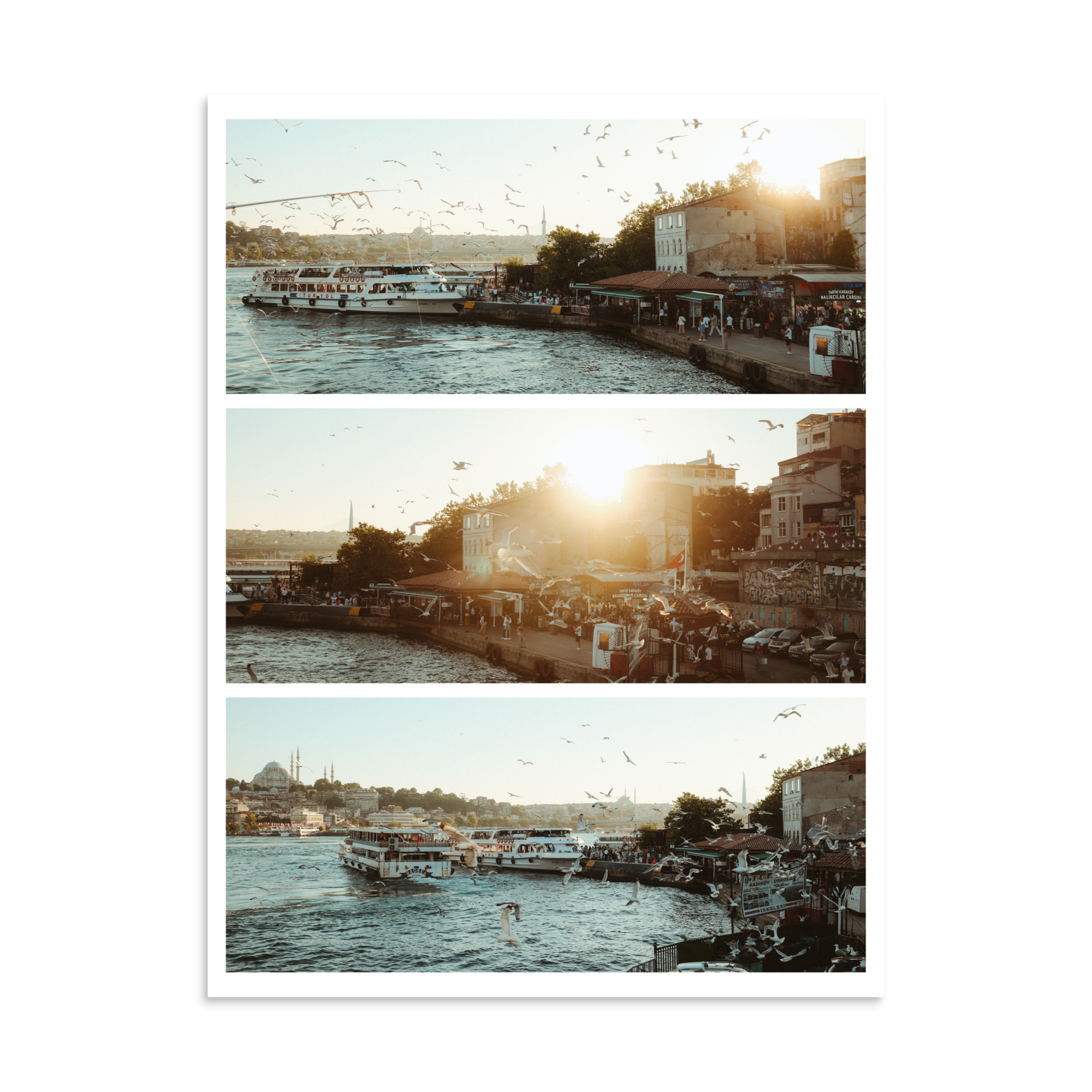 Triptych photograph of Istanbul waterfront at sunset with gulls flying above ferries on the Bosphorus.