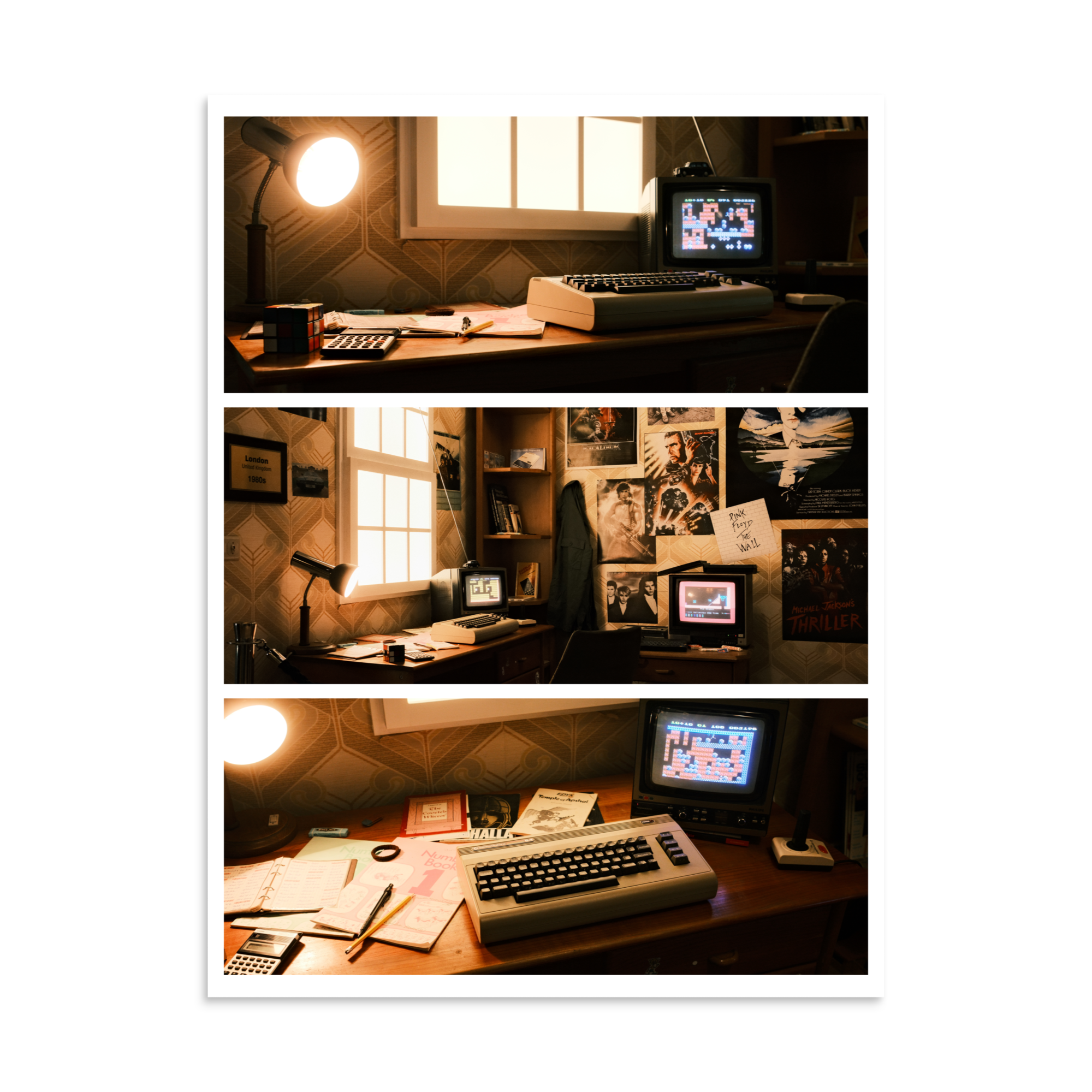 Analog Dreams photographic triptych featuring a retro 1980s room with a Commodore 64, CRT televisions and warm ambient light.