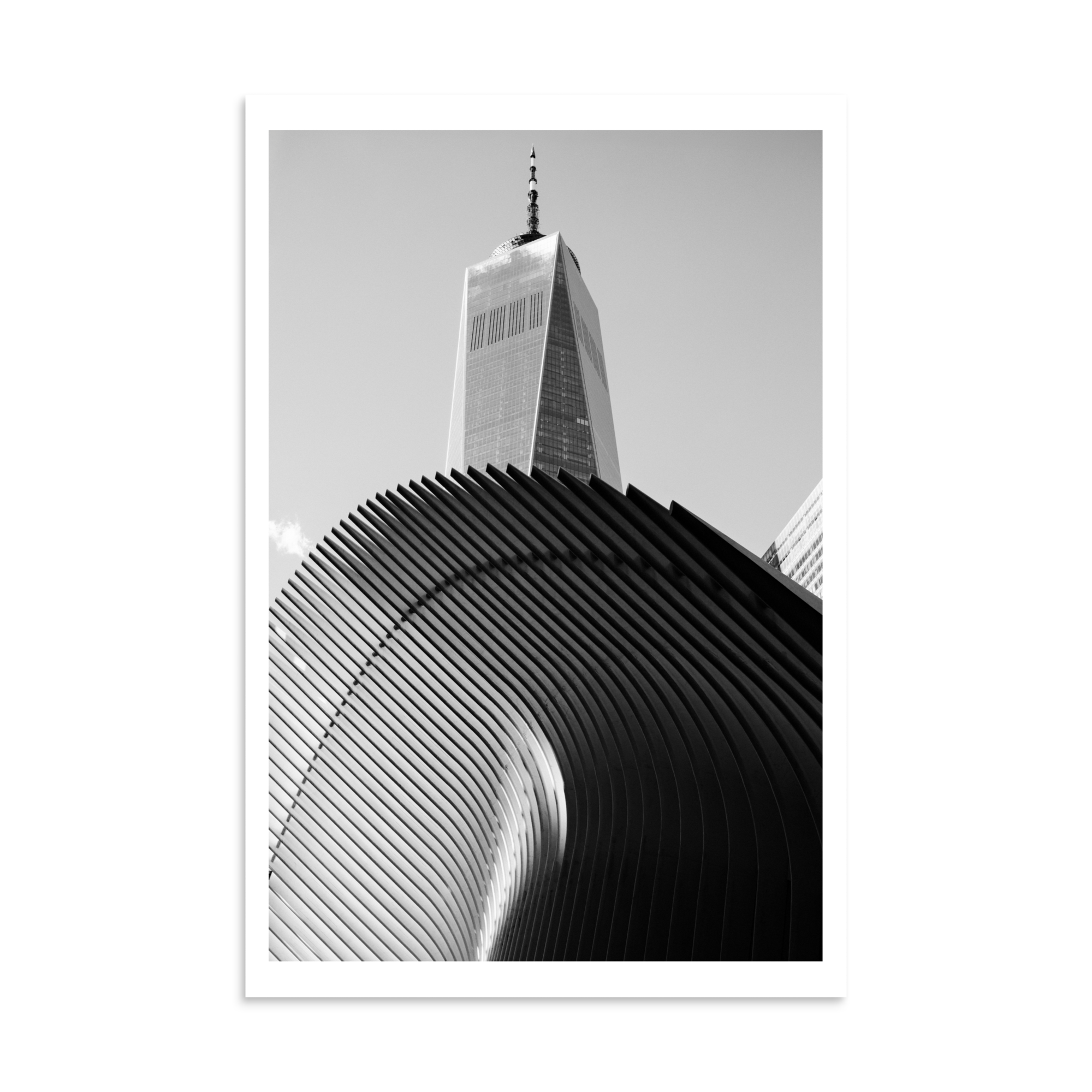 Black-and-white photograph of One World Trade Center framed above the curved architectural ribs of the Oculus in New York.