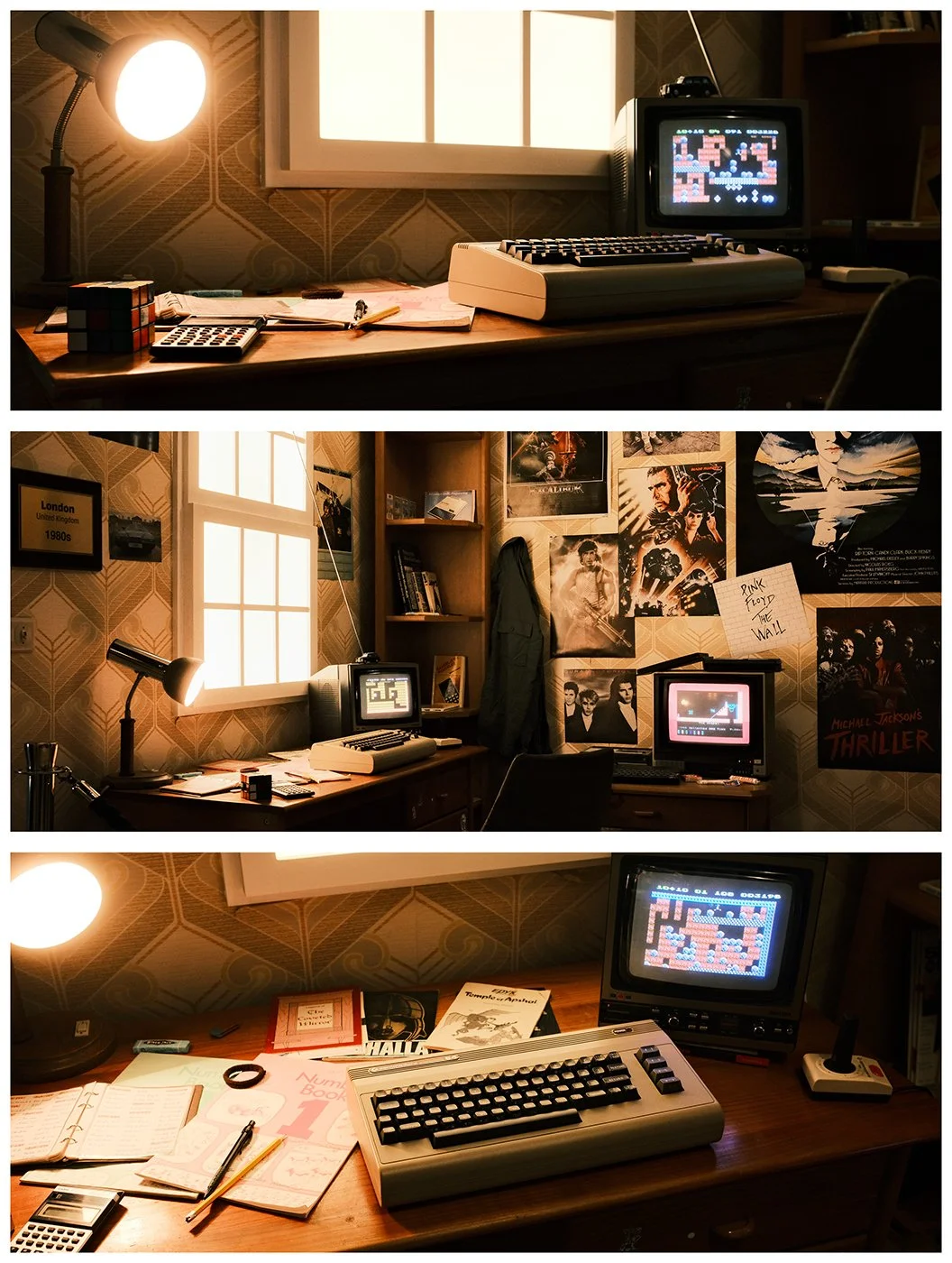A three-frame glimpse into an 1980s-inspired room at Zagreb’s Retro Gaming Svijet, where CRT screens, a Commodore 64, scattered notes and familiar pop-culture fragments come together in warm nostalgic light.