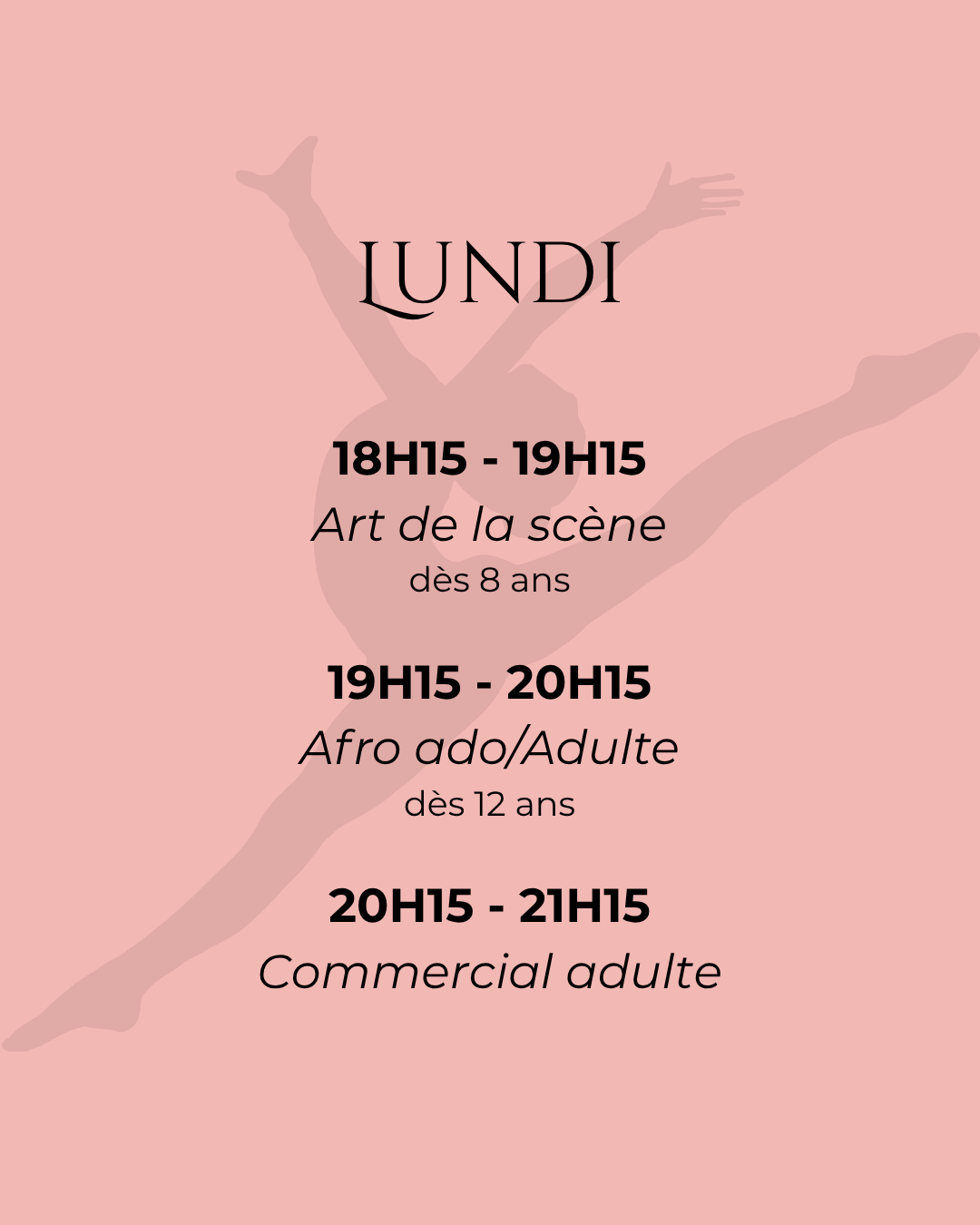 Planning et horaires des cours de danse du lundi