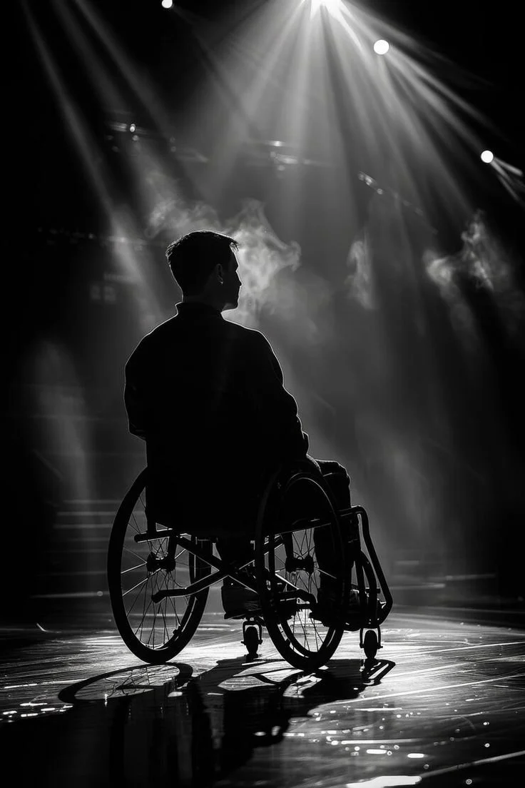 Homme sur scène, se présentant dans le spot de lumière.