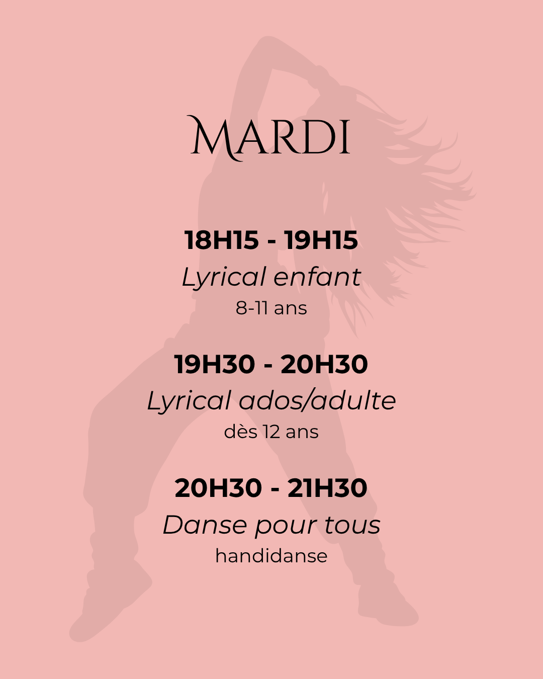 Planning et horaires des cours de danse du mardi