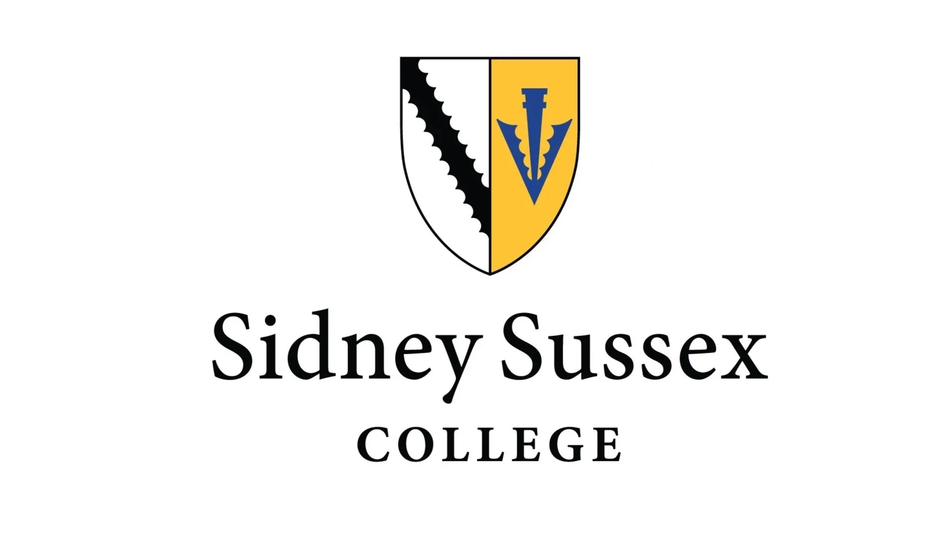 Sidney Sussex College crest with a gold and black shield and a blue emblem below, and the text 'Sidney Sussex College' below the crest.
