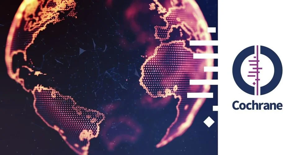 A digital globe with illuminated dots representing the world map, with a Cochrane logo on the right side.