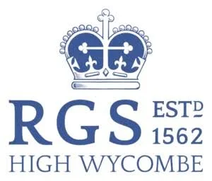 Logo with a blue crown above the text 'RGS EST'D 1562 HIGH WYCOMBE' in blue font.