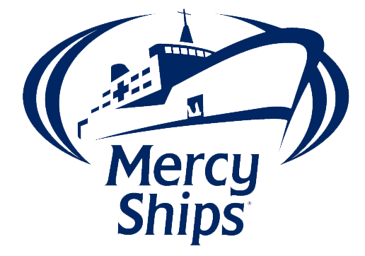 Logo of Mercy Ships featuring a stylized ship with a cross on top, surrounded by curved lines and the text 'Mercy Ships' below.