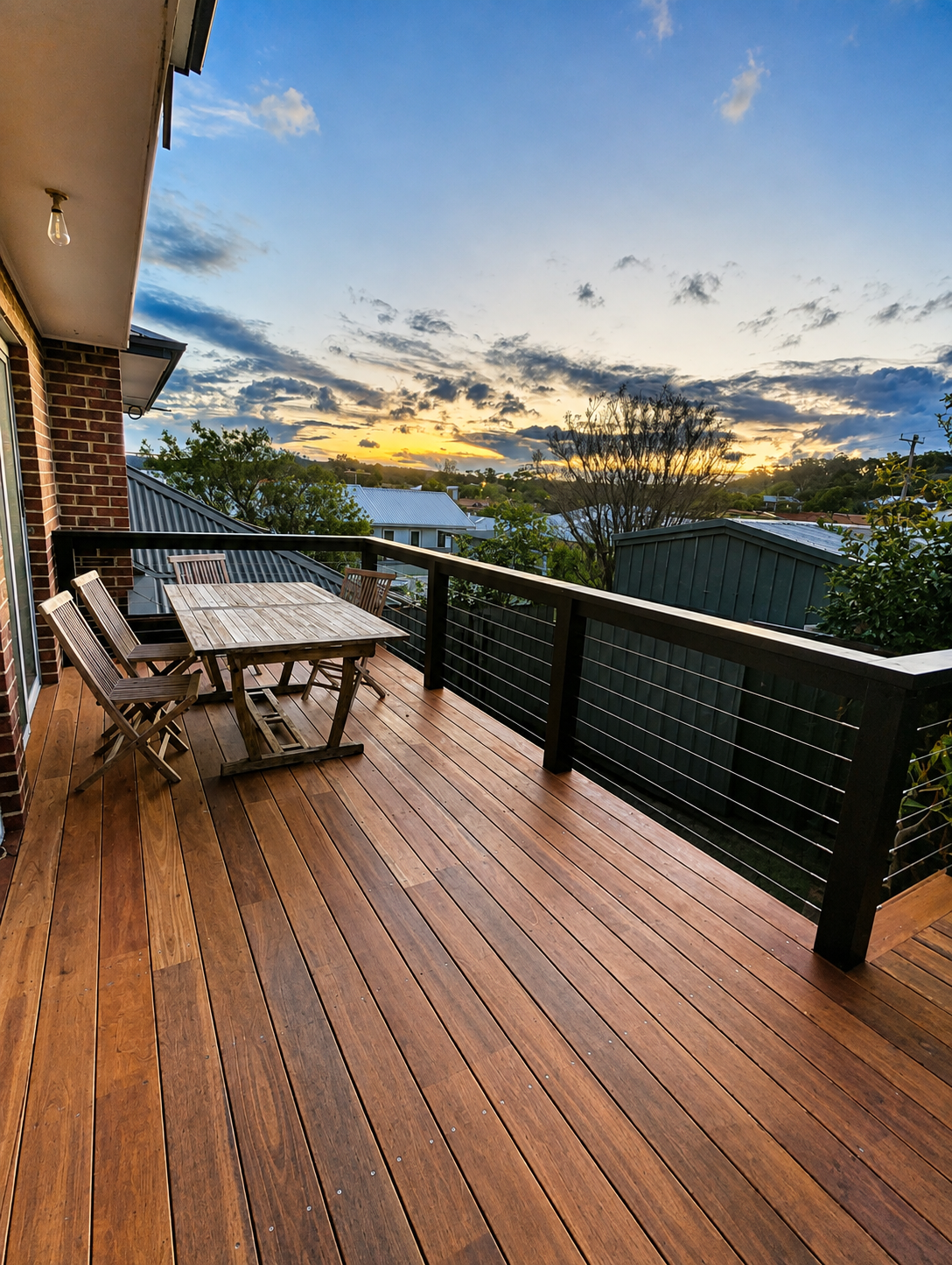 Steel wire balustrade & timber handrail spotted gum decking