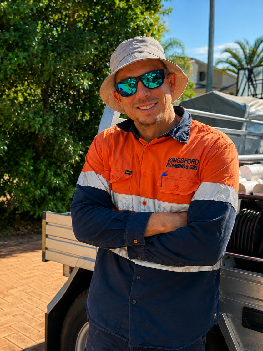 A man smiling outdoors with arms crossed, wearing sunglasses, a wide-brimmed hat, and an orange and navy work shirt with 'Kingsford Plumbing & Gas' logo. Behind him is a utility vehicle and green foliage.