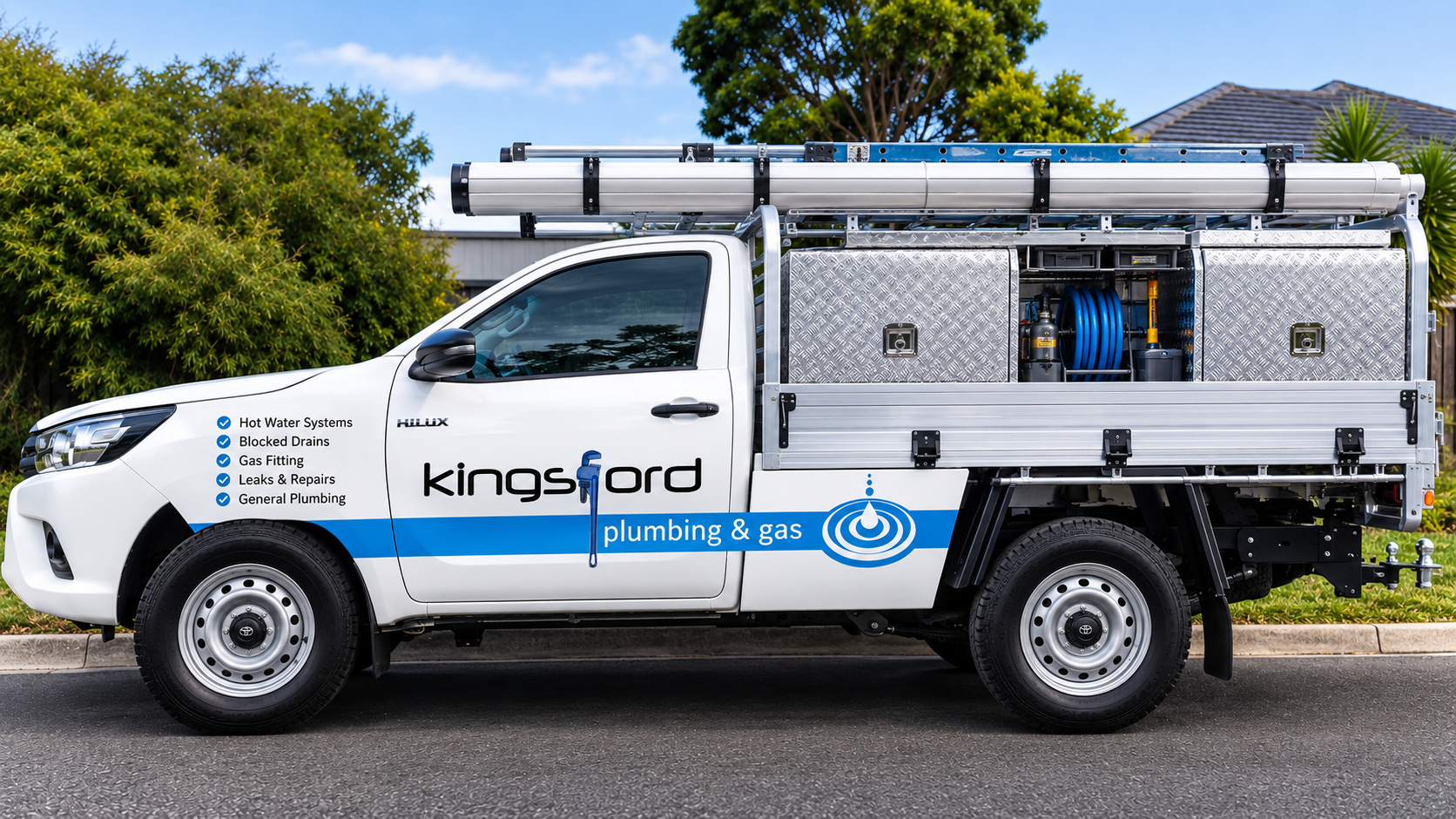 White plumbing and gas service truck with storage compartments, hoses, and equipment, parked on a street with green trees and a building in the background.