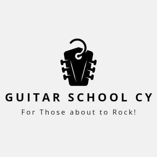 Logo for Guitar School CY featuring a guitar headstock shaped like a key, with the tagline "For Those about to Rock!"