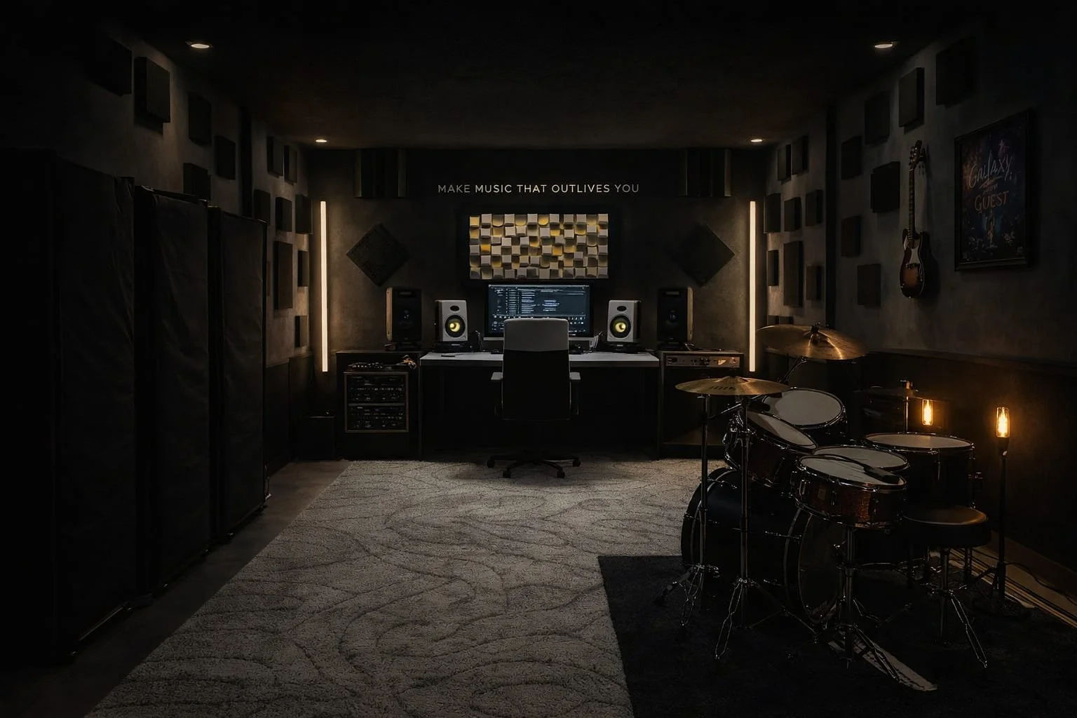 A professional music recording studio with a computer, speakers, soundproofing panels, musical drums, guitar, and framed artwork.