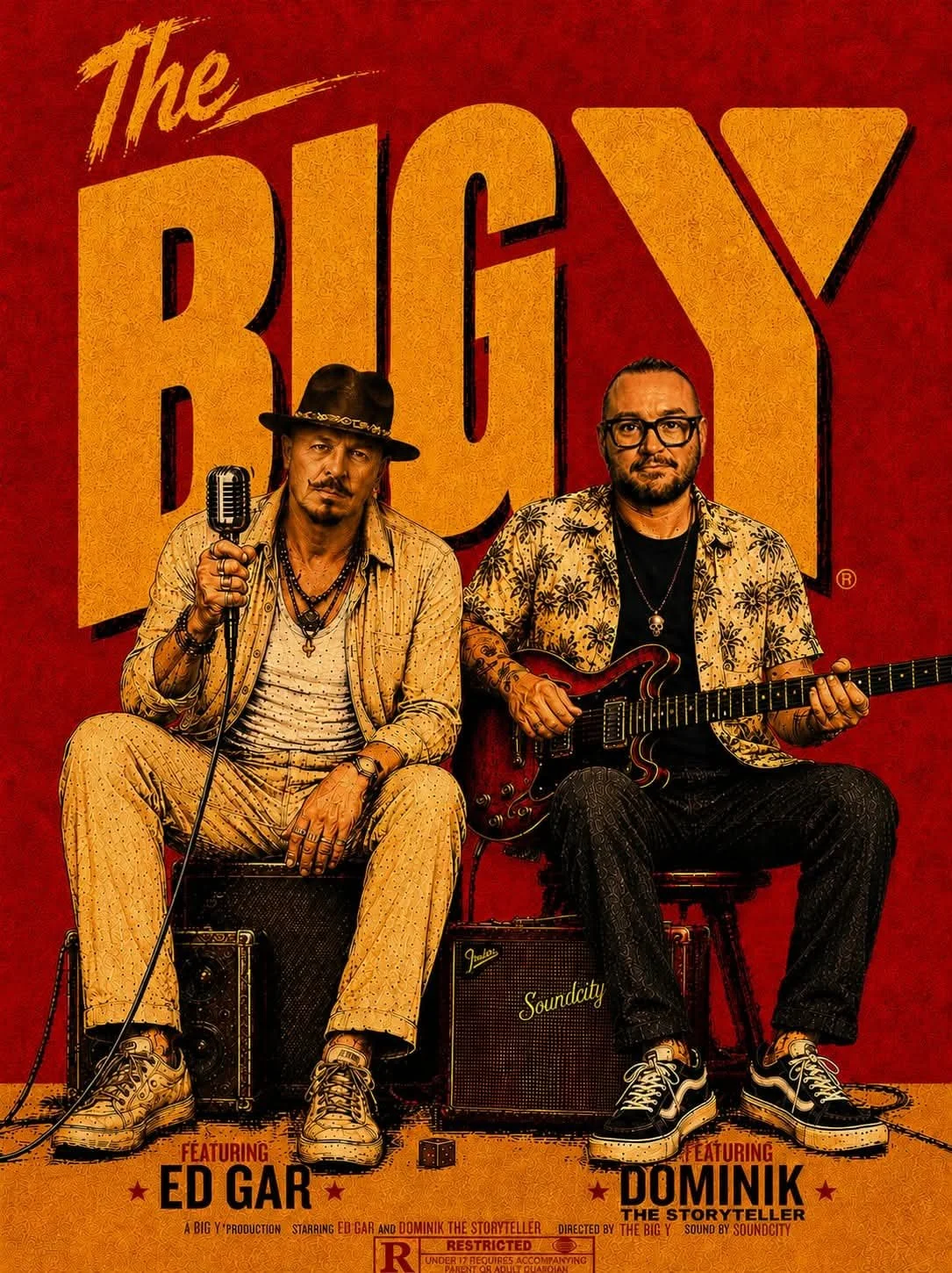 Poster for the comedy film 'The Big Fix' featuring Ed Gar and Dominik the Storyteller, with Ed Gar holding a microphone and Dominik playing an electric guitar, sitting in front of a red background and large yellow text.