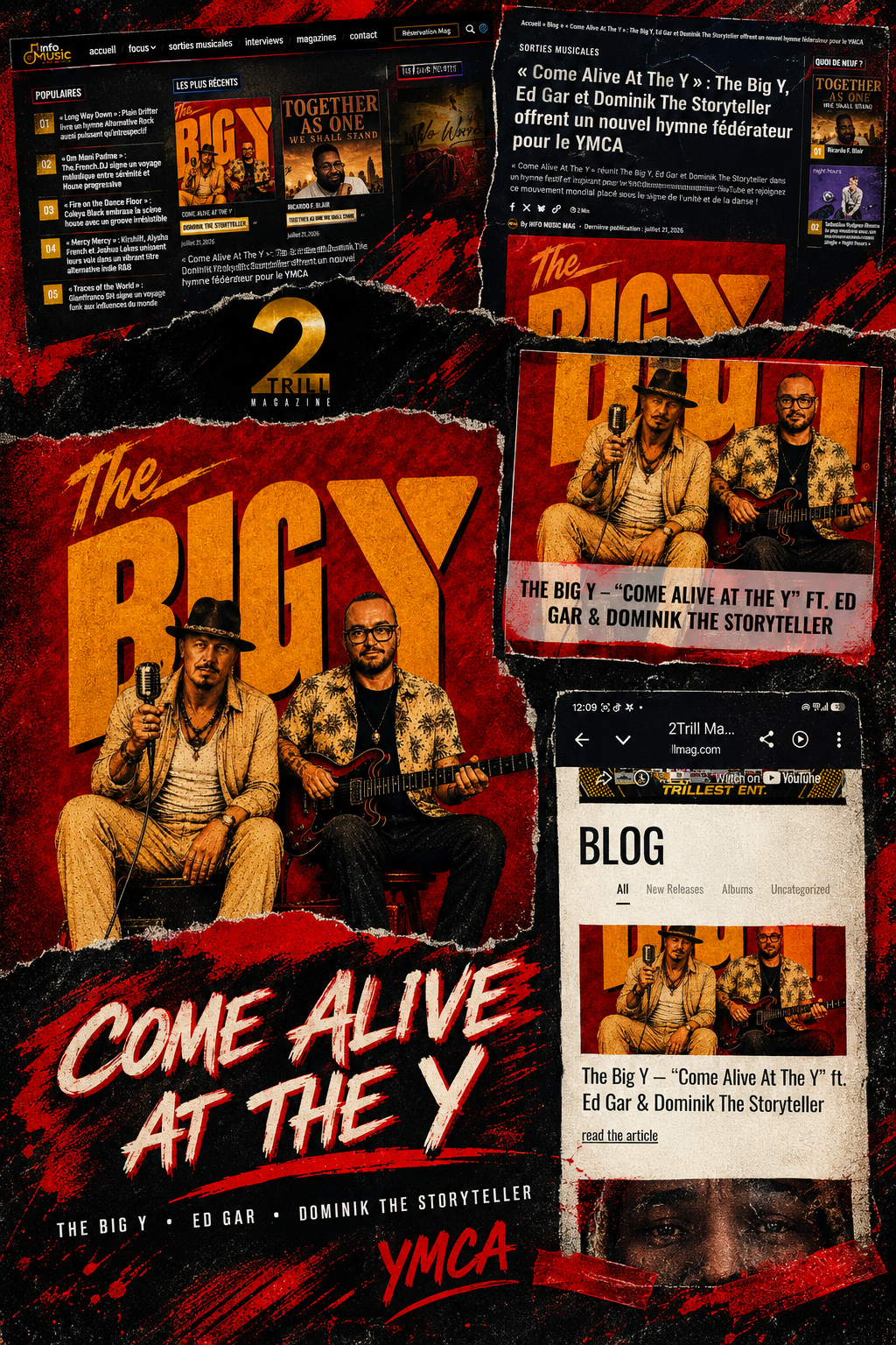 Promotional collage for the music release 'Come Alive At The Y' by The Big Y featuring Ed Gars and Dominik The Storyteller. Includes images of two musicians with guitars and a microphone, the title in bold yellow text, and smaller captions and website screenshots on a red and black background.