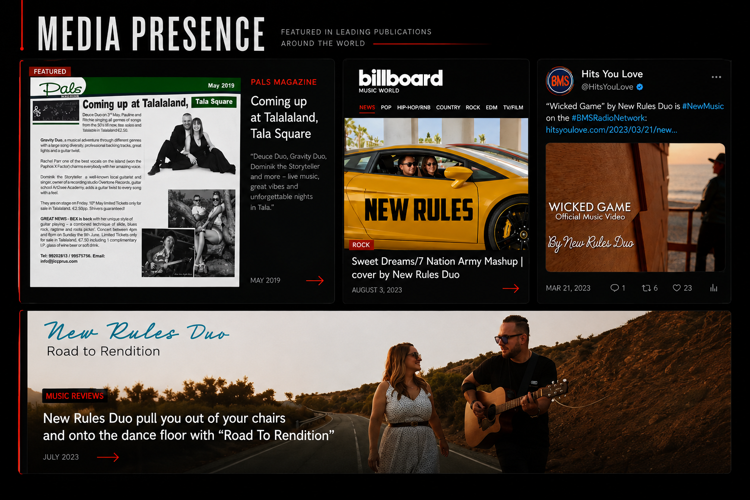 A digital collage titled 'Media Presence' showcasing various media features and performances by the New Rules Duo. Includes a newspaper clipping, magazine and billboard headlines, a music video thumbnail, and a photo of a man and woman playing guitar on a road at sunset.