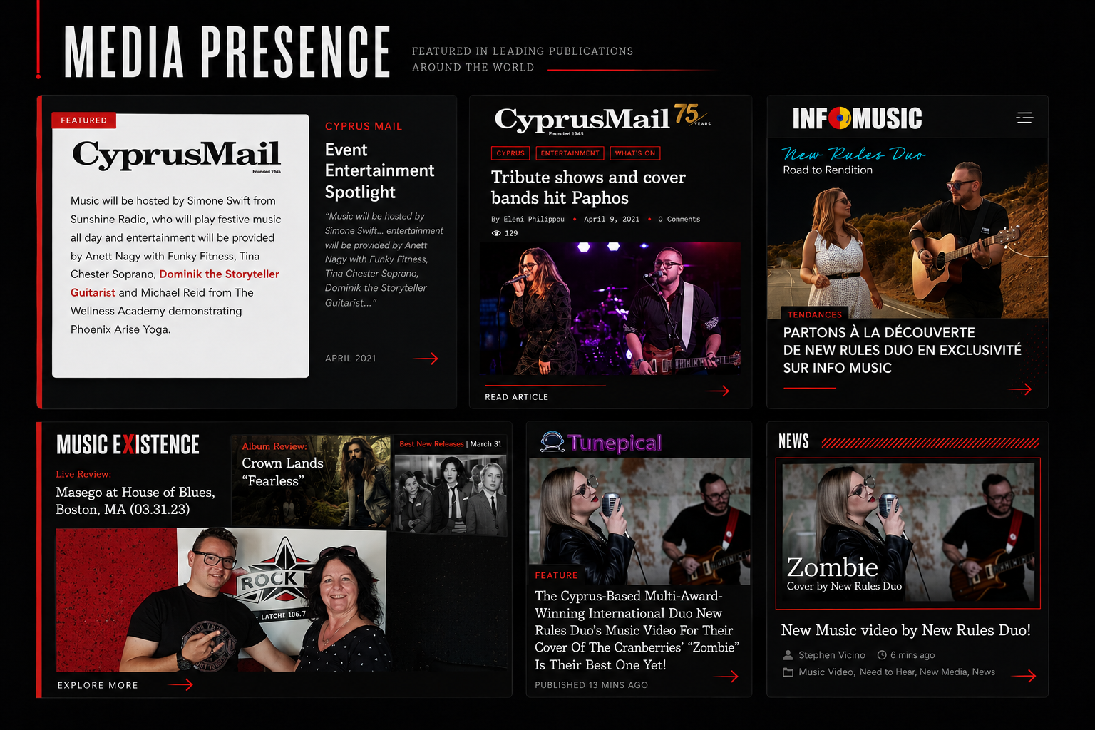 A multimedia webpage layout titled 'Media Presence' showcasing various news articles, photos, and features about music and entertainment, with sections for Cyprus Mail, Info Music, Tune classical, and reviews, all set against a dark background with red accents.