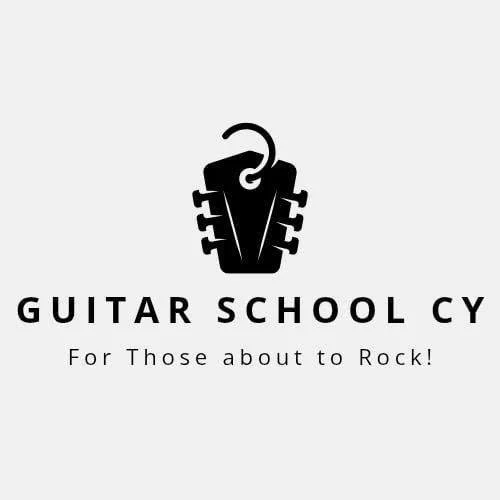 Logo of Guitar School CY featuring a guitar headstock with a hook on top, and the text "GUITAR SCHOOL CY" with a slogan "For Those about to Rock!"