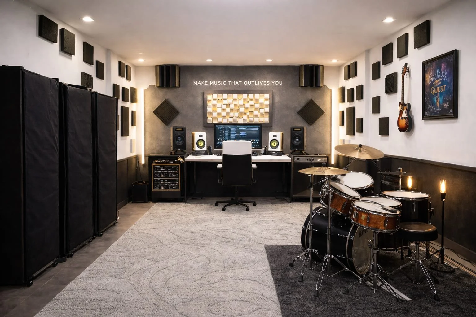 Music recording studio with drums, mixing console, speakers, acoustic foam, framed galaxy artwork, and guitar on the wall.