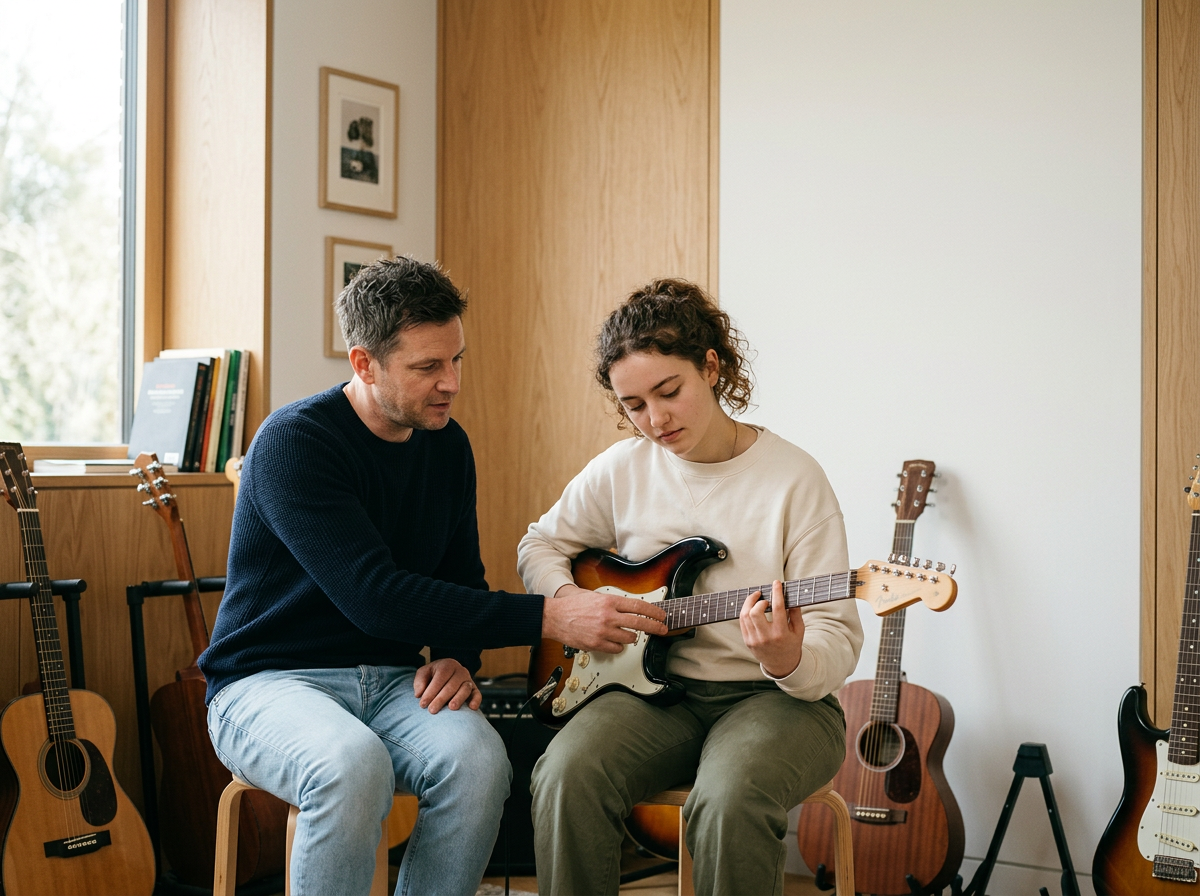 A man helping a young woman learn to play an electric guitar in a music room with several guitars and books around.
