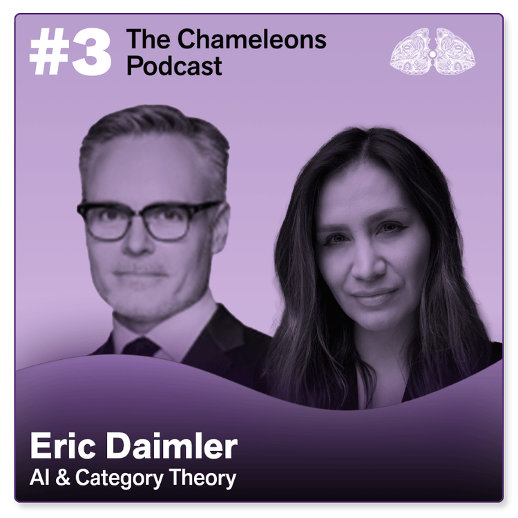 Purple podcast cover with two people, a man with glasses and a woman, and the text '#3 The Chameleons Podcast, Eric Daimler, AI & Category Theory' with a brain illustration.
