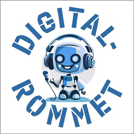 A robot wearing headphones holding a microphone with the text 'Digital. Rome!' encircling it.