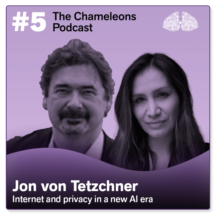 Podcast cover art with purple background, featuring photos of a man with curly hair and a woman with long dark hair. Text includes "#5 The Chameleons Podcast," "Jon von Tetzchner," and "Internet and privacy in a new AI era."