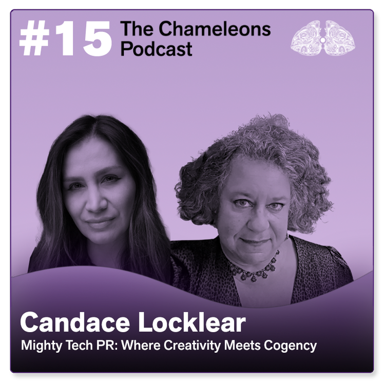 Podcast episode cover for The Chameleons Podcast, episode 15 featuring Candace Locklear discussing Mighty Tech PR, creativity, and congency, with a purple background and two women headshots.