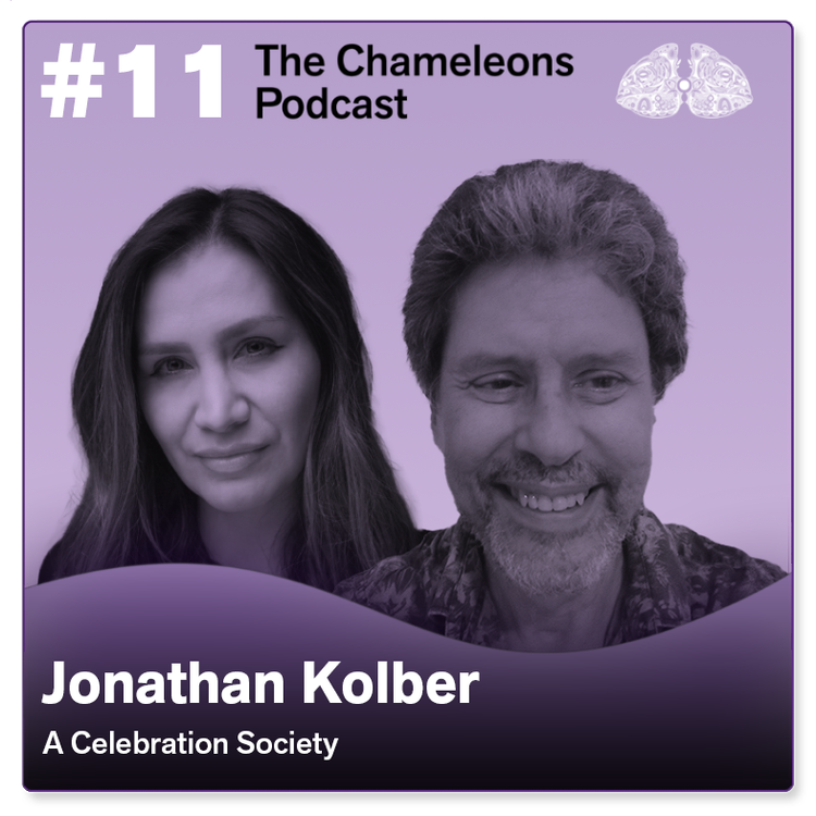 Podcast cover image with purple background featuring photos of a woman and a man, titled '#11 The Chameleons Podcast,' hosted by Jonathan Kolber, associated with A Celebration Society.