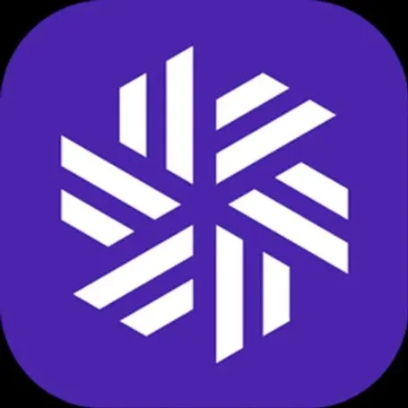 A logo with a white snowflake design on a purple background.