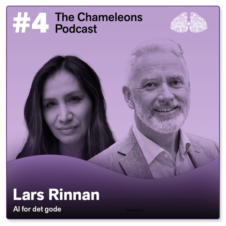Promotional graphic for The Chameleons Podcast featuring Lars Rinnan, with headshots of a woman with long dark hair and a man with gray hair and beard, purple background, title, and podcast logo.