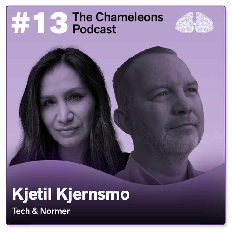 A promotional graphic for The Chameleons Podcast featuring Kjetil Kjernsmo, with black and white photos of a woman and a man on a purple background. The title, episode number, and guest's name are displayed, along with a small cloud-like icon in the top right corner.