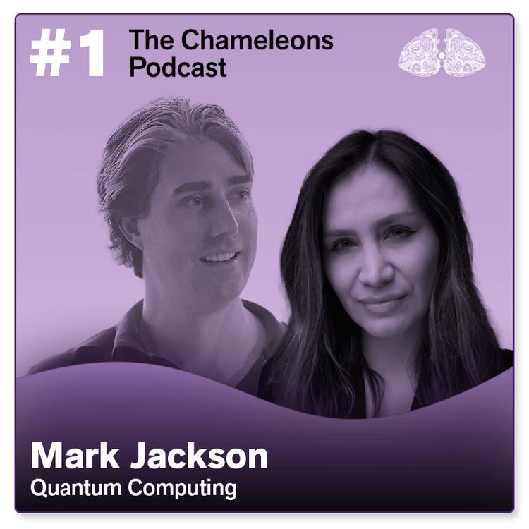 Podcast cover featuring two hosts, a man with short gray hair and a woman with long dark hair, with a purple background and a brain icon. Text includes '#1 The Chameleons Podcast', 'Mark Jackson', and 'Quantum Computing'.