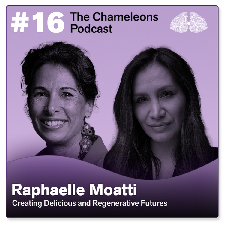 Cover image for Episode 16 of The Chameleons Podcast featuring Raphaelle Moatti. It shows two women, one smiling, with a purple background and a butterfly icon. The episode title is 'Creating Delicious and Regenerative Futures.'