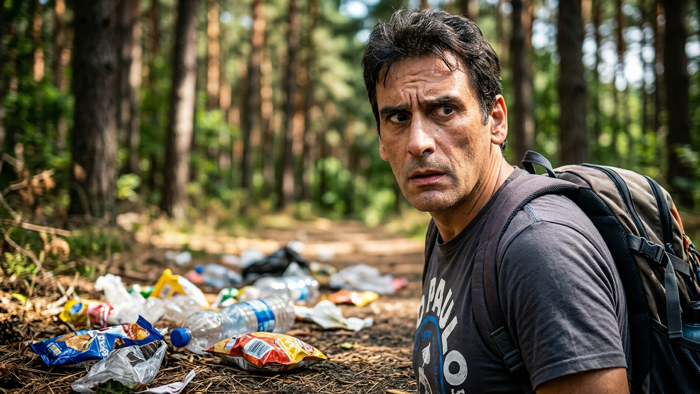Ein Mann mit Rucksack steht auf einem Waldweg, umgeben von weggeworfenem Müll, darunter Plastikflaschen und Verpackungen.