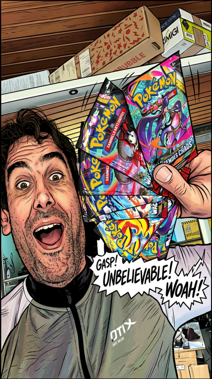 Ein Mann im Comic-Stil hält mehrere Pokémon-Karten in der Hand, sieht begeistert aus und entwickelt eine Überraschung über die Karten, umgeben von einem Supermarktregal mit Puzzles und anderen Spielen.